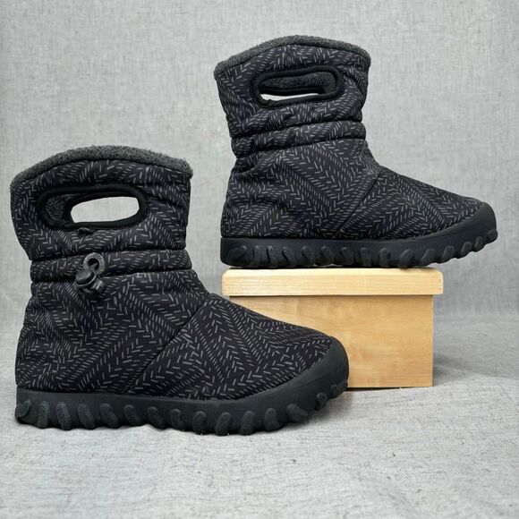 Bogs BMoc Fleck Snow Boots Grey Black Pull On Waterproof Insulated Kids‎ Size 2 - Picture 1 of 11